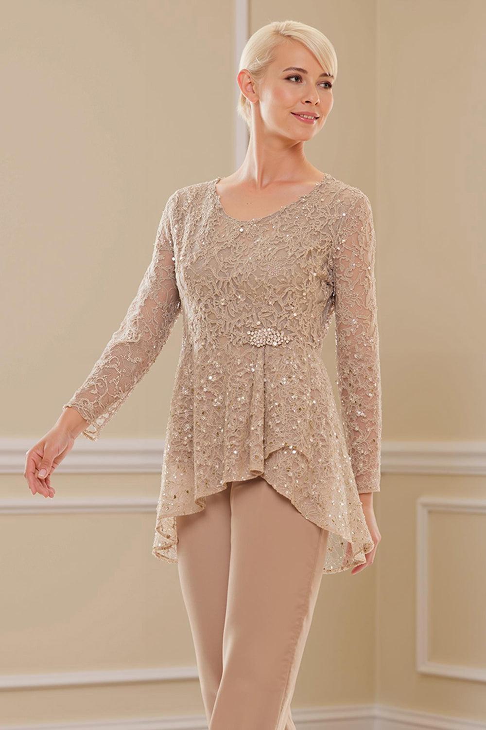 Dreamyannie Glitter Plum Sequin Scoop Neck 3 Piece Mother Of The Bride Pant Suits With Jacket