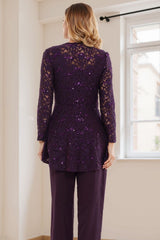 Dreamyannie Glitter Plum Sequin Scoop Neck 3 Piece Mother Of The Bride Pant Suits With Jacket