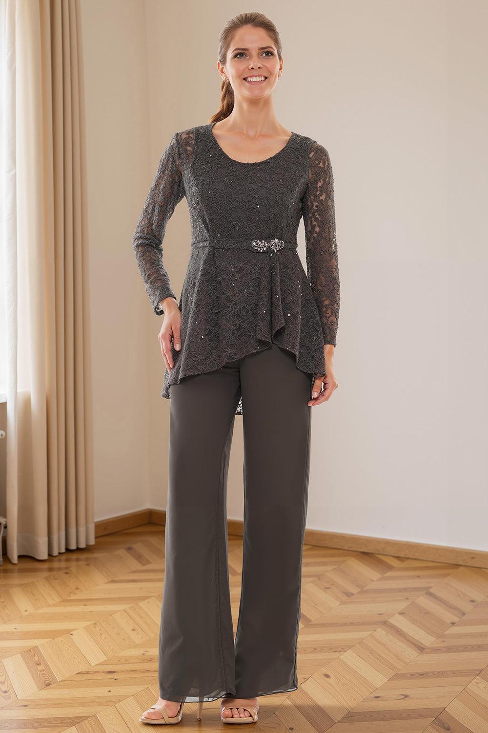 Dreamyannie Glitter Plum Sequin Scoop Neck 3 Piece Mother Of The Bride Pant Suits With Jacket