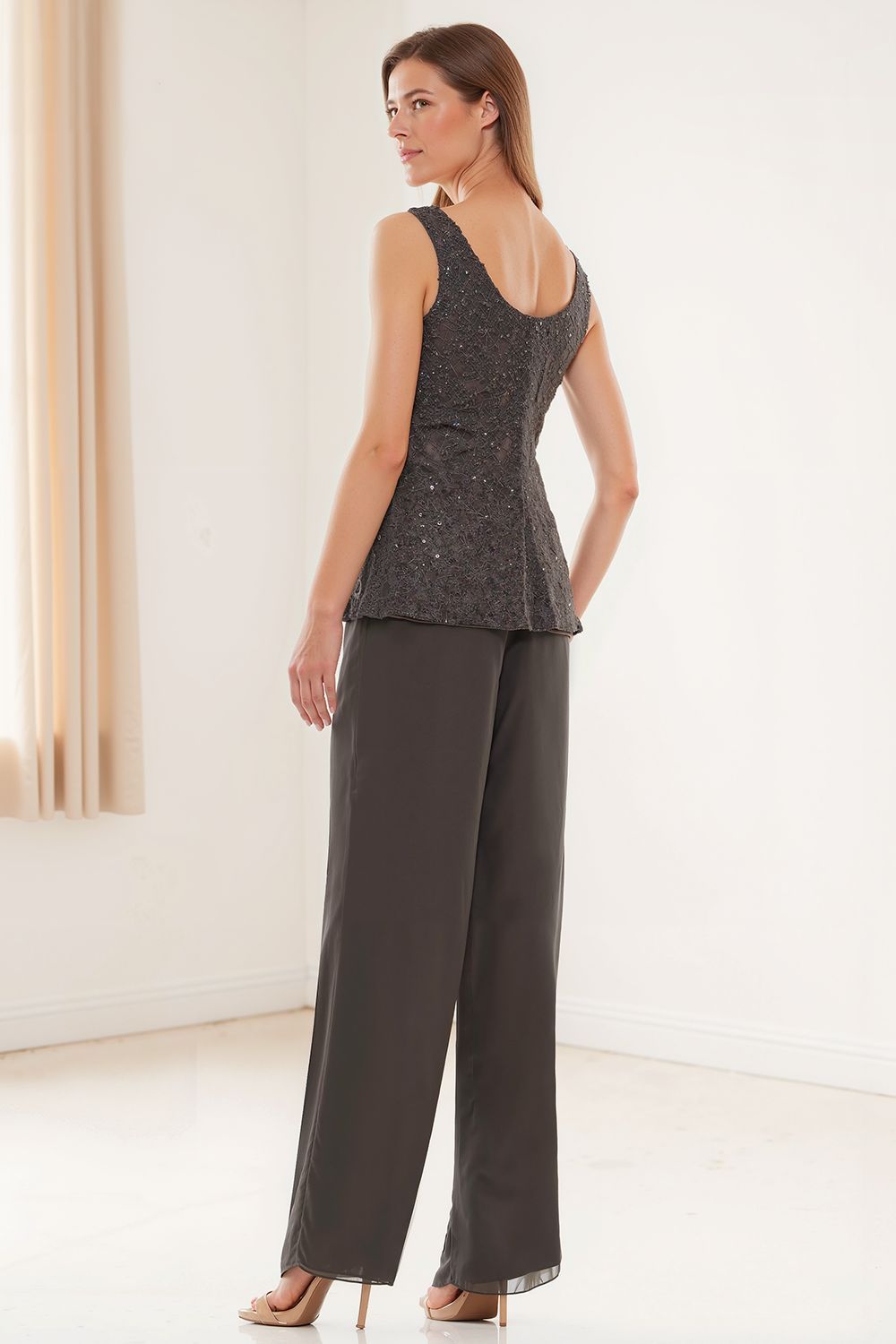 Dreamyannie Glitter Plum Sequin Scoop Neck 3 Piece Mother Of The Bride Pant Suits With Jacket