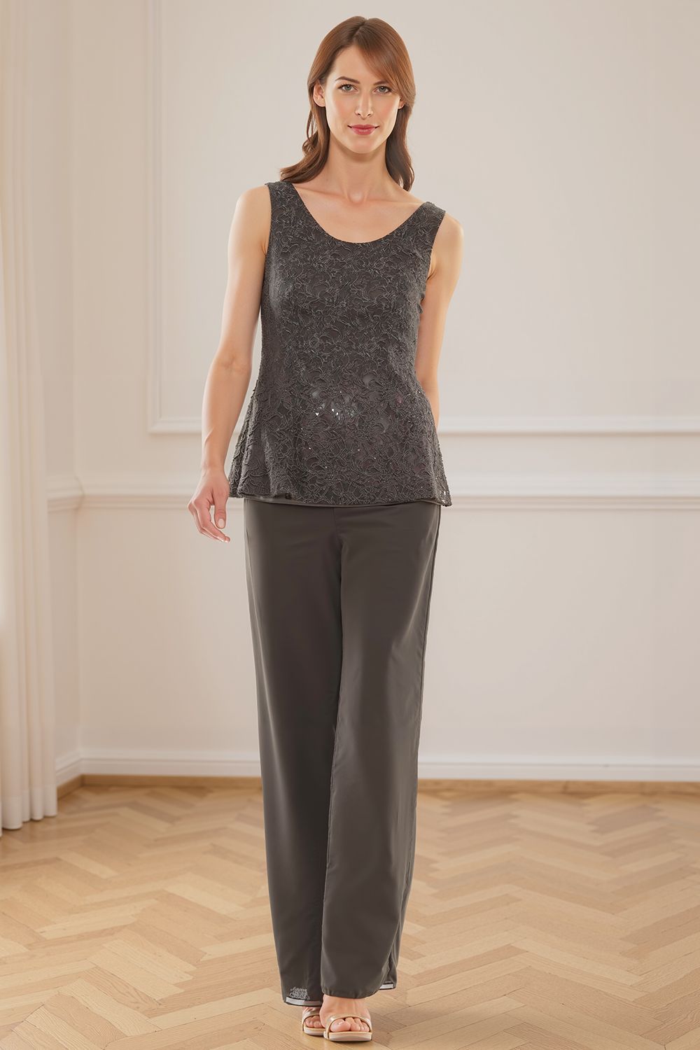 Dreamyannie Glitter Plum Sequin Scoop Neck 3 Piece Mother Of The Bride Pant Suits With Jacket