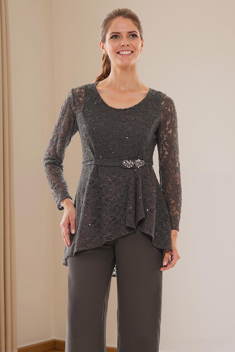 Dreamyannie Glitter Plum Sequin Scoop Neck 3 Piece Mother Of The Bride Pant Suits With Jacket