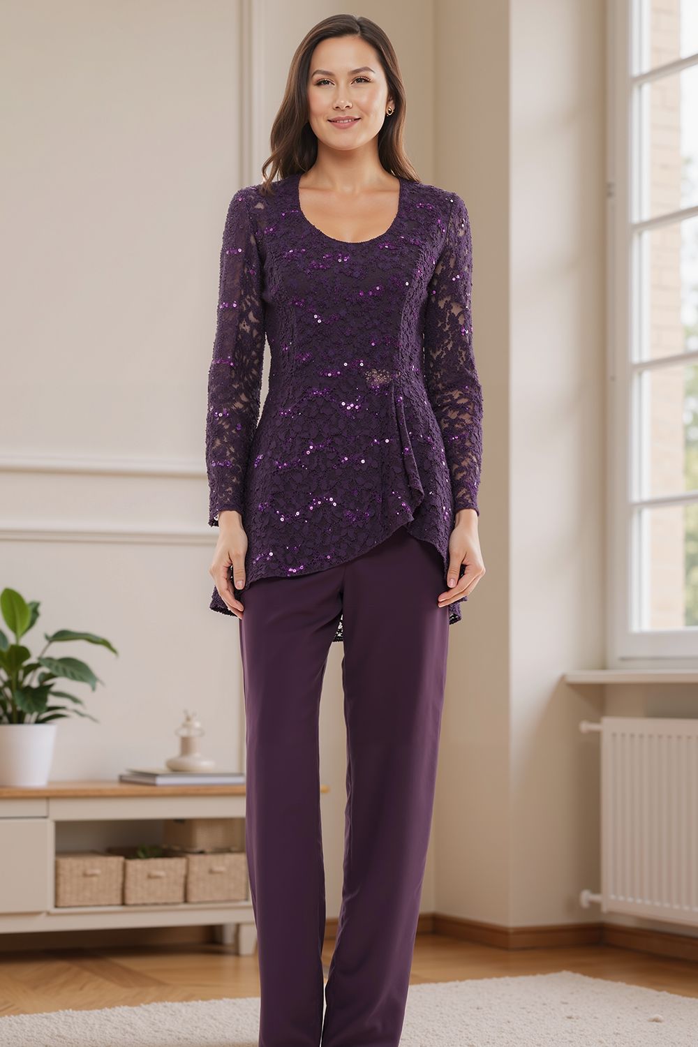 Dreamyannie Glitter Plum Sequin Scoop Neck 3 Piece Mother Of The Bride Pant Suits With Jacket