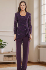 Dreamyannie Glitter Plum Sequin Scoop Neck 3 Piece Mother Of The Bride Pant Suits With Jacket