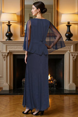 Dreamyannie Glitter Sheath Navy Boat Neck Floor Length Mother Of The Bride Dress With Cape