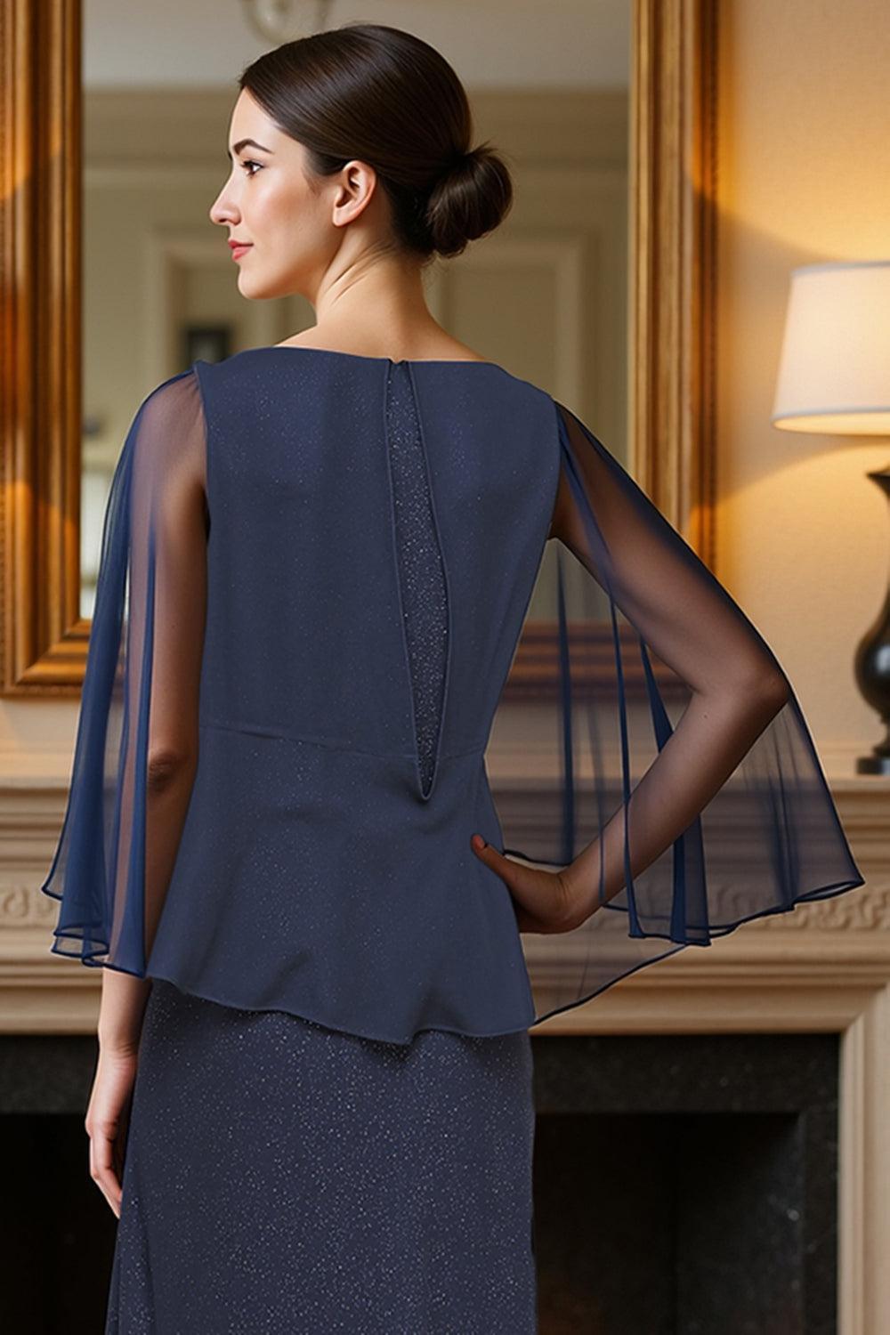 Dreamyannie Glitter Sheath Navy Boat Neck Floor Length Mother Of The Bride Dress With Cape