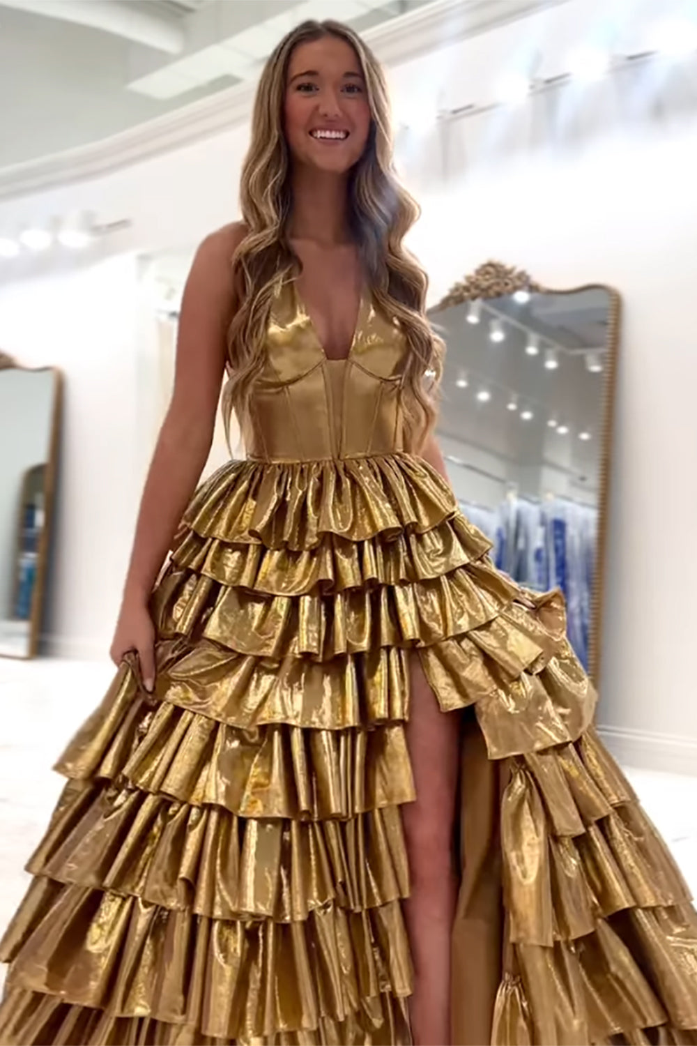 Dreamyannie Gold Prom Dress A Line Halter Ruffled Long Formal Dress With Slit