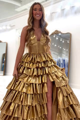 Dreamyannie Gold Prom Dress A Line Halter Ruffled Long Formal Dress With Slit