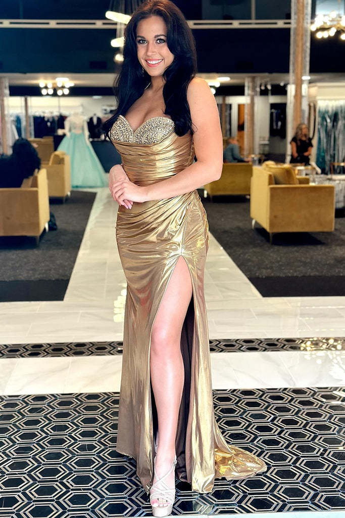 green emerald velvet dress Dreamyannie UK Gold Prom Dress Beaded Metallic Long Evening Dress With Slit