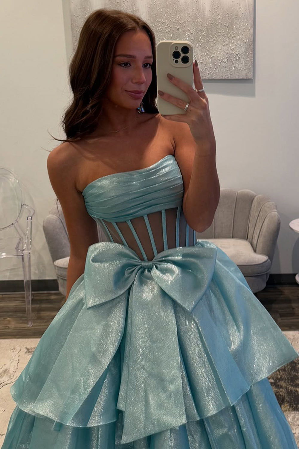 Dreamyannie Gold Prom Dress Corset Ruffled Long Formal Dress With Bow