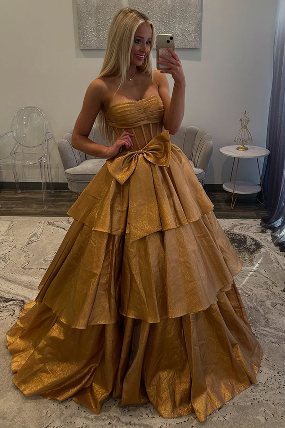 Dreamyannie Gold Prom Dress Corset Ruffled Long Formal Dress With Bow