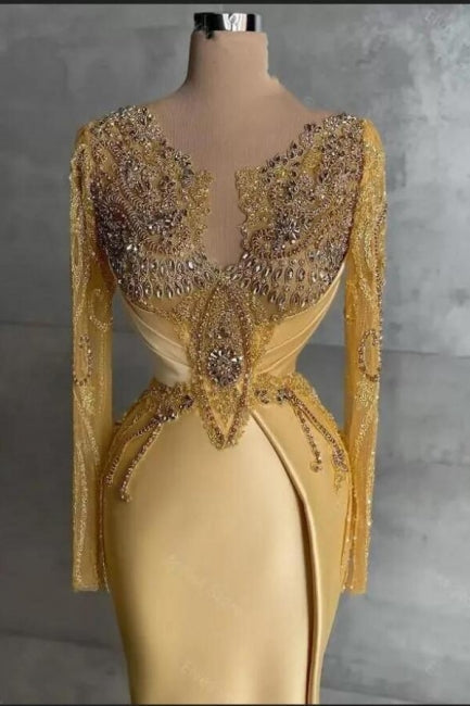 Dreamyannie Gold Prom Dress Mermaid Lace Beading Formal Dress With Sleeves