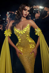 Dreamyannie Gold Prom Dress Mermaid Strapless Sleeveless Sequined Floor Length Tulle Formal Dress