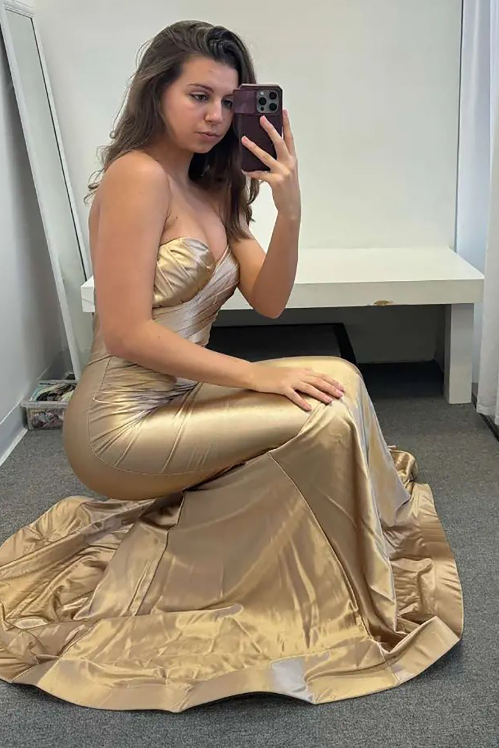 Dreamyannie Gold Prom Dress Satin Mermaid Ruched Evening Dress