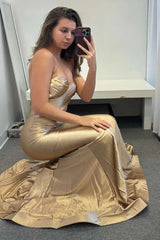 Dreamyannie Gold Prom Dress Satin Mermaid Ruched Evening Dress