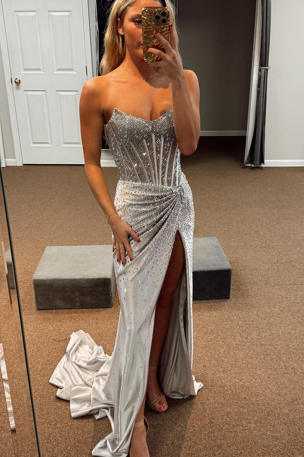 Dreamyannie Gold Prom Dress Sheath Corset Beaded Long Formal Dress With Slit