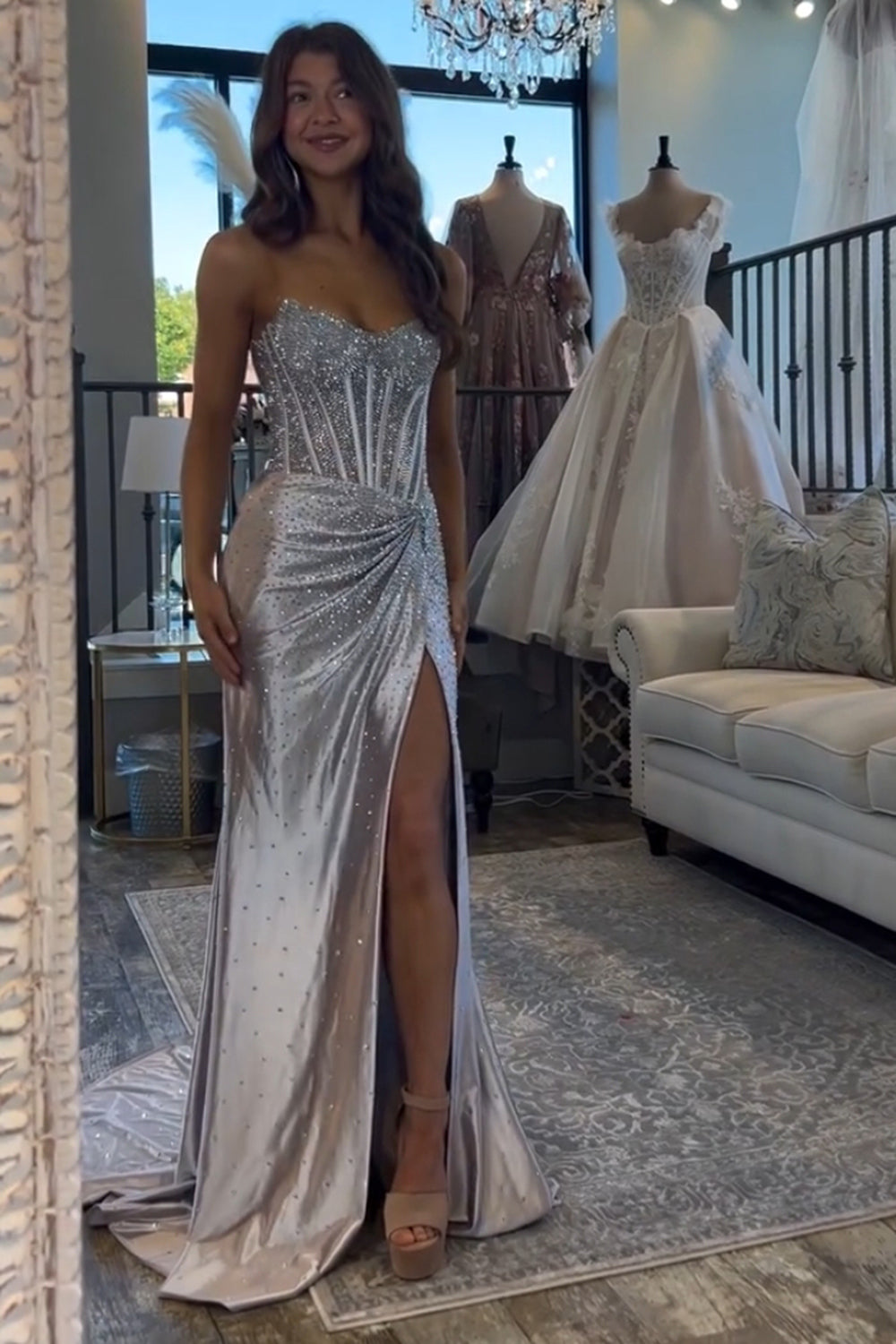 Dreamyannie Gold Prom Dress Sheath Corset Beaded Long Formal Dress With Slit