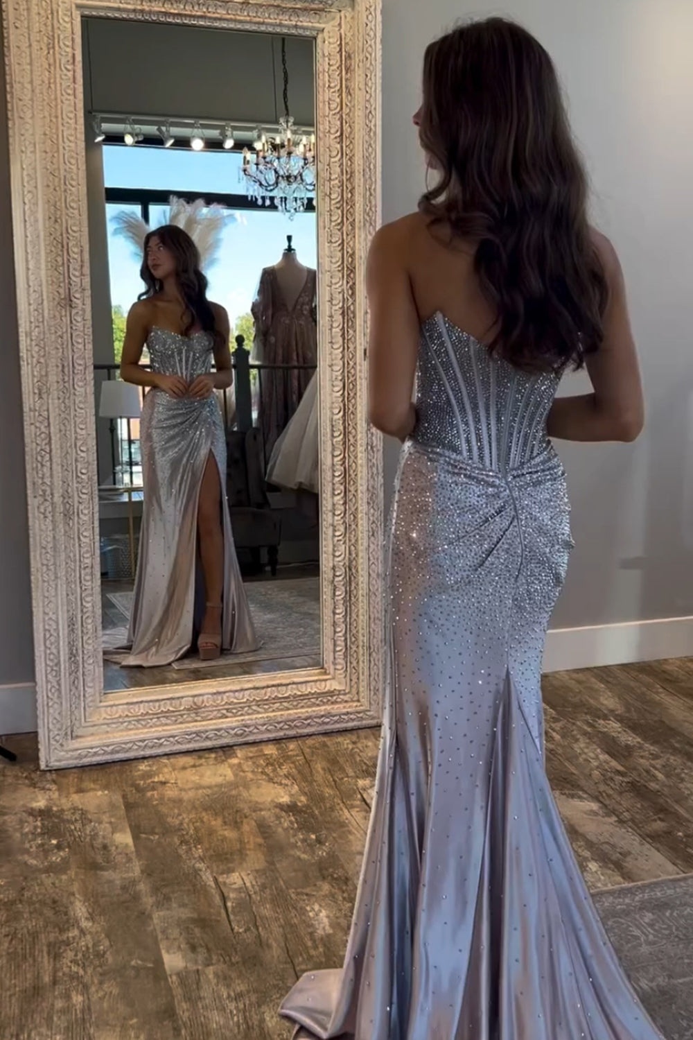 Dreamyannie Gold Prom Dress Sheath Corset Beaded Long Formal Dress With Slit