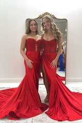 Dreamyannie Gold Prom Dress Sheath Corset Beaded Long Formal Dress With Slit