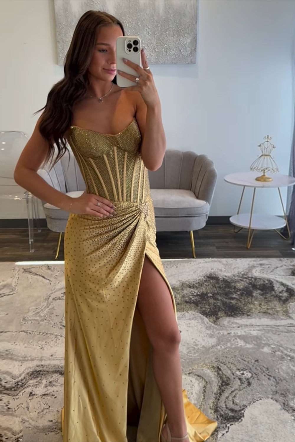 Dreamyannie Gold Prom Dress Sheath Corset Beaded Long Formal Dress With Slit