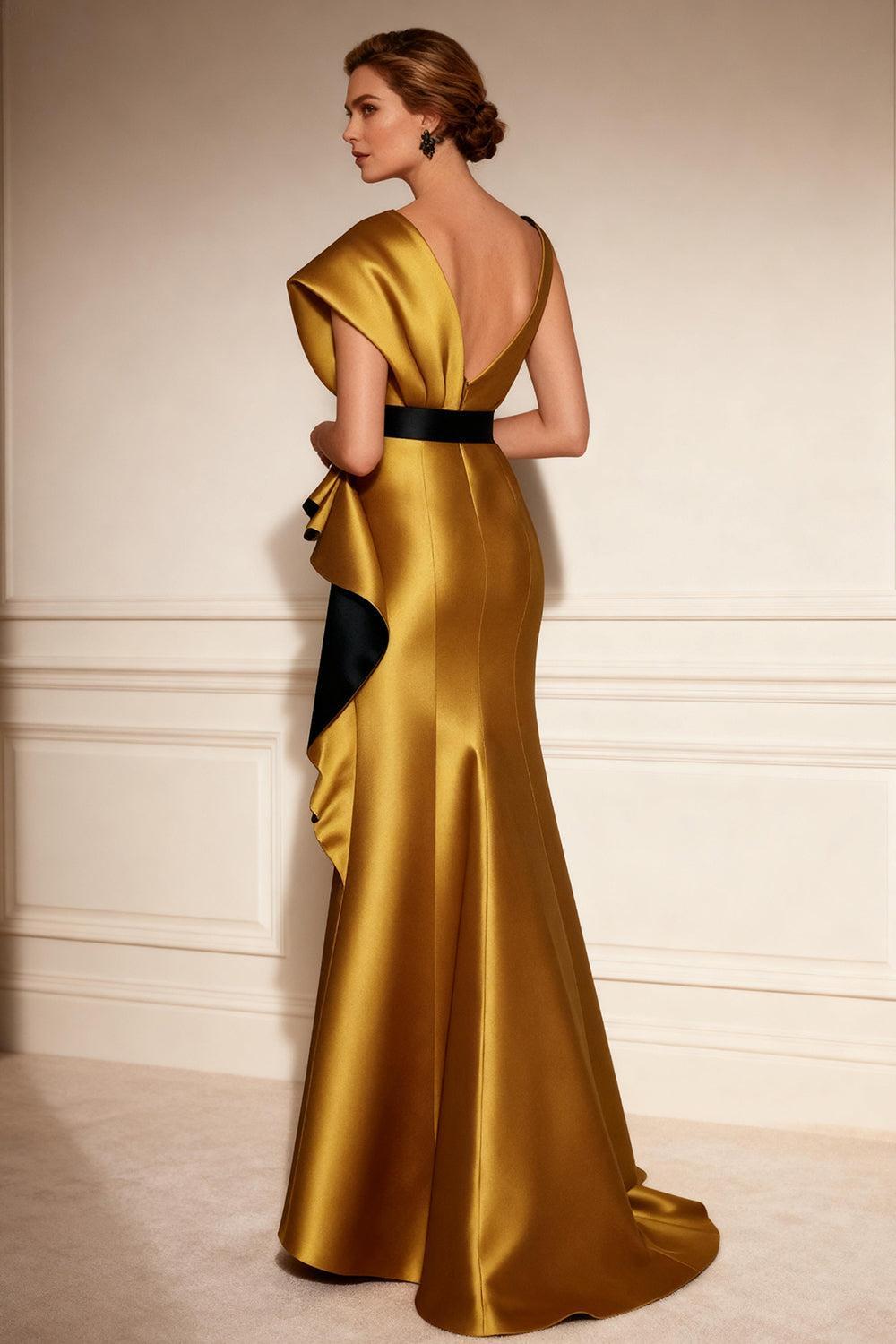 Dreamyannie Gold Satin Mermaid Floor Length Mother Of The Bride Dress With Lace
