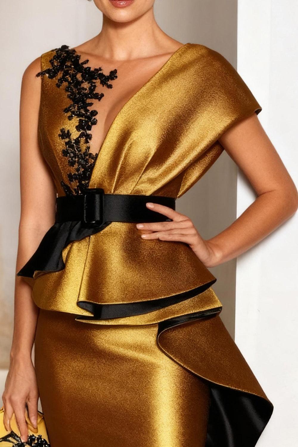 Dreamyannie Gold Satin Mermaid Floor Length Mother Of The Bride Dress With Lace