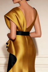 Dreamyannie Gold Satin Mermaid Floor Length Mother Of The Bride Dress With Lace