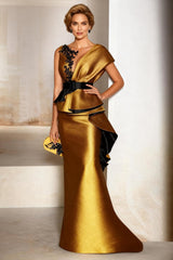 Dreamyannie Gold Satin Mermaid Floor Length Mother Of The Bride Dress With Lace