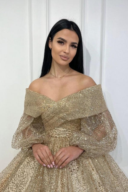 Dreamyannie UK Gold Wedding Guest Dress A Line Off The Shoulder Sequined Evening Dress With Sleeves Dreamyannie UK Gold Wedding Guest Dress A Line Off The Shoulder Sequined Evening Dress With Sleeves