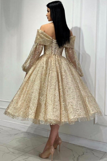 gold wedding guest dress Dreamyannie UK Gold Wedding Guest Dress A Line Off The Shoulder Sequined Evening Dress With Sleeves