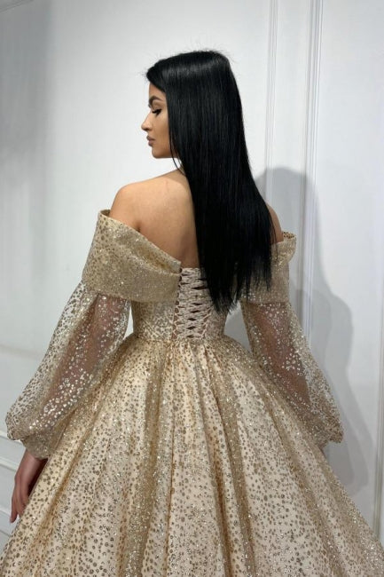 Dreamyannie UK Gold Wedding Guest Dress A Line Off The Shoulder Sequined Evening Dress With Sleeves Dreamyannie UK Gold Wedding Guest Dress A Line Off The Shoulder Sequined Evening Dress With Sleeves