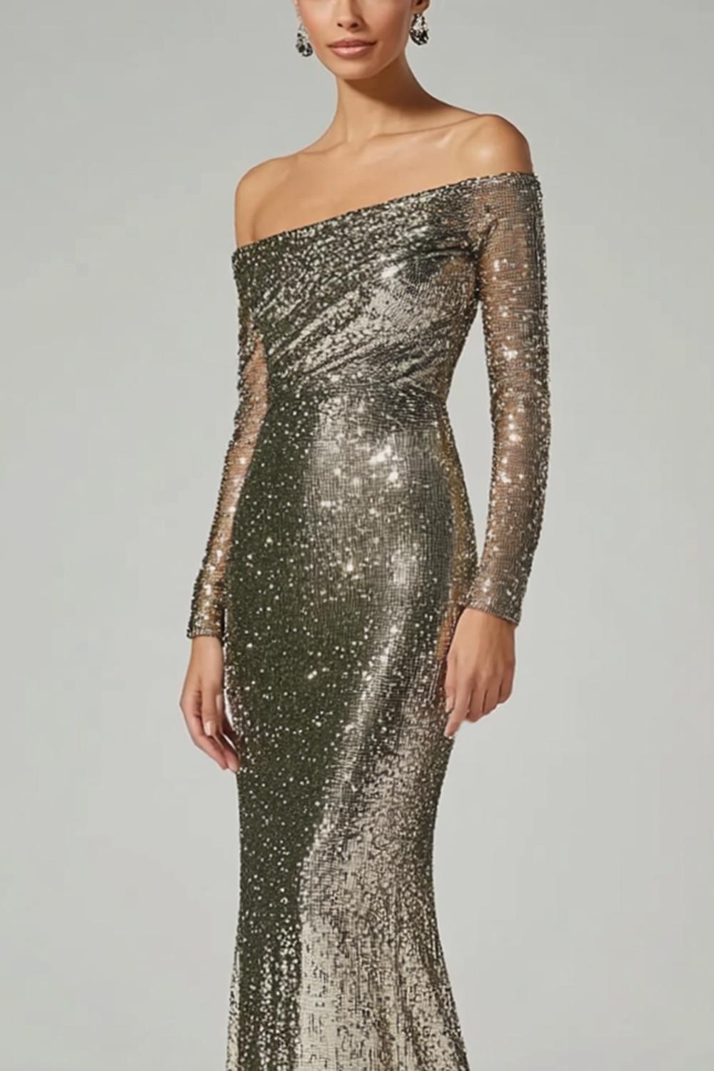 Dreamyannie Golden Sheath Off The Shoulder Sequin Long Formal Dress
