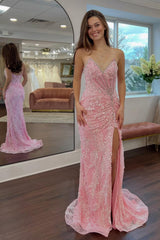 Dreamyannie Gorgeous Mermaid Sweetheart Pink Long Prom Dress With Split Front Appliques Formal Evening Gown
