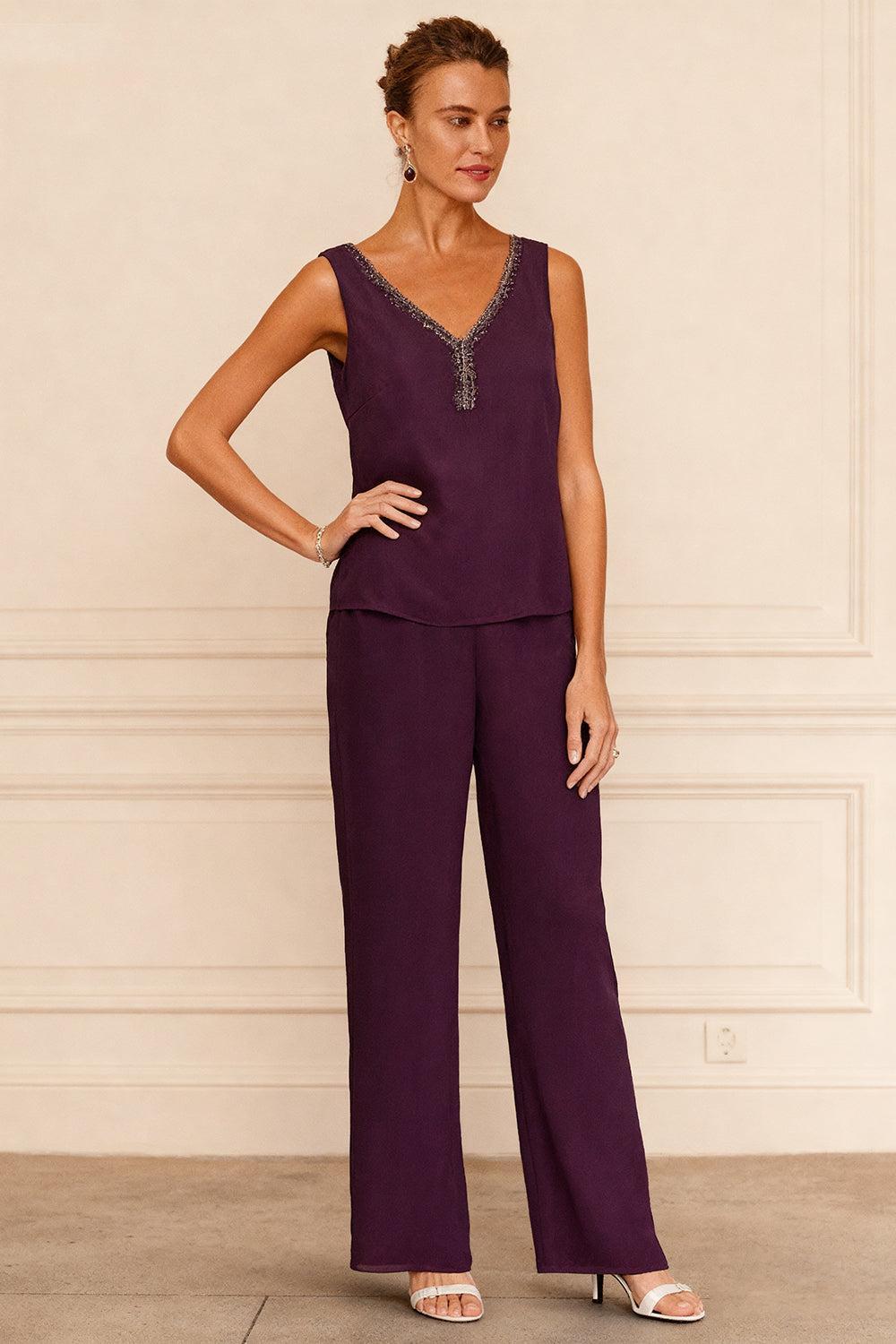 Dreamyannie Grape Chiffon V Neck 3 Piece Mother Of The Bride Pant Suits With Jacket
