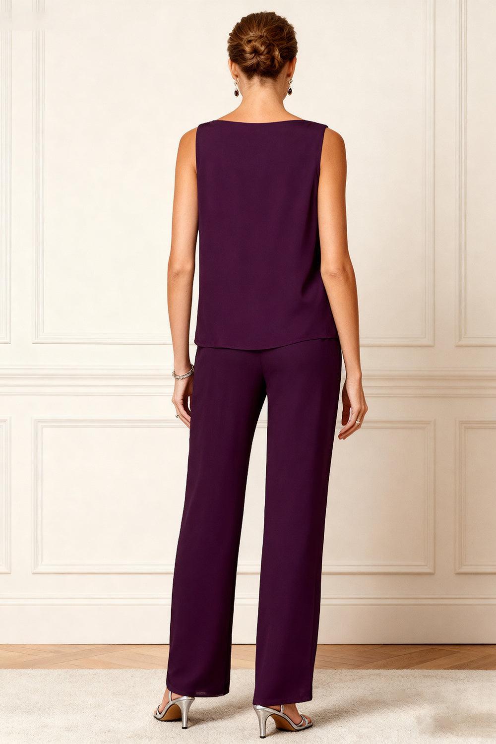 Dreamyannie Grape Chiffon V Neck 3 Piece Mother Of The Bride Pant Suits With Jacket