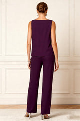 Dreamyannie Grape Chiffon V Neck 3 Piece Mother Of The Bride Pant Suits With Jacket