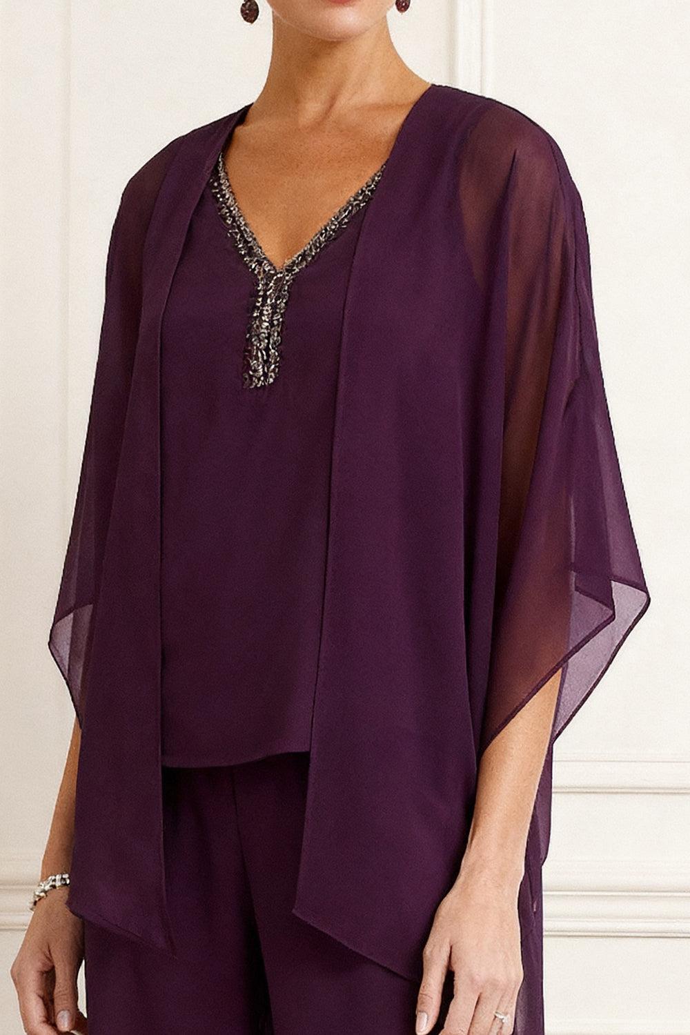 Dreamyannie Grape Chiffon V Neck 3 Piece Mother Of The Bride Pant Suits With Jacket