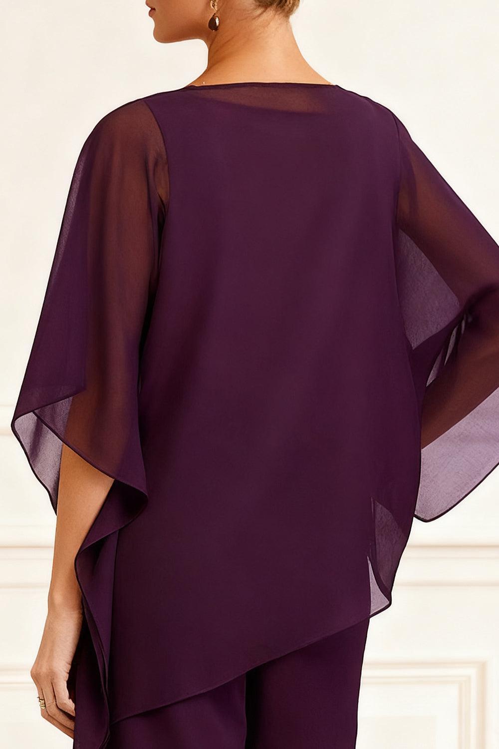 Dreamyannie Grape Chiffon V Neck 3 Piece Mother Of The Bride Pant Suits With Jacket