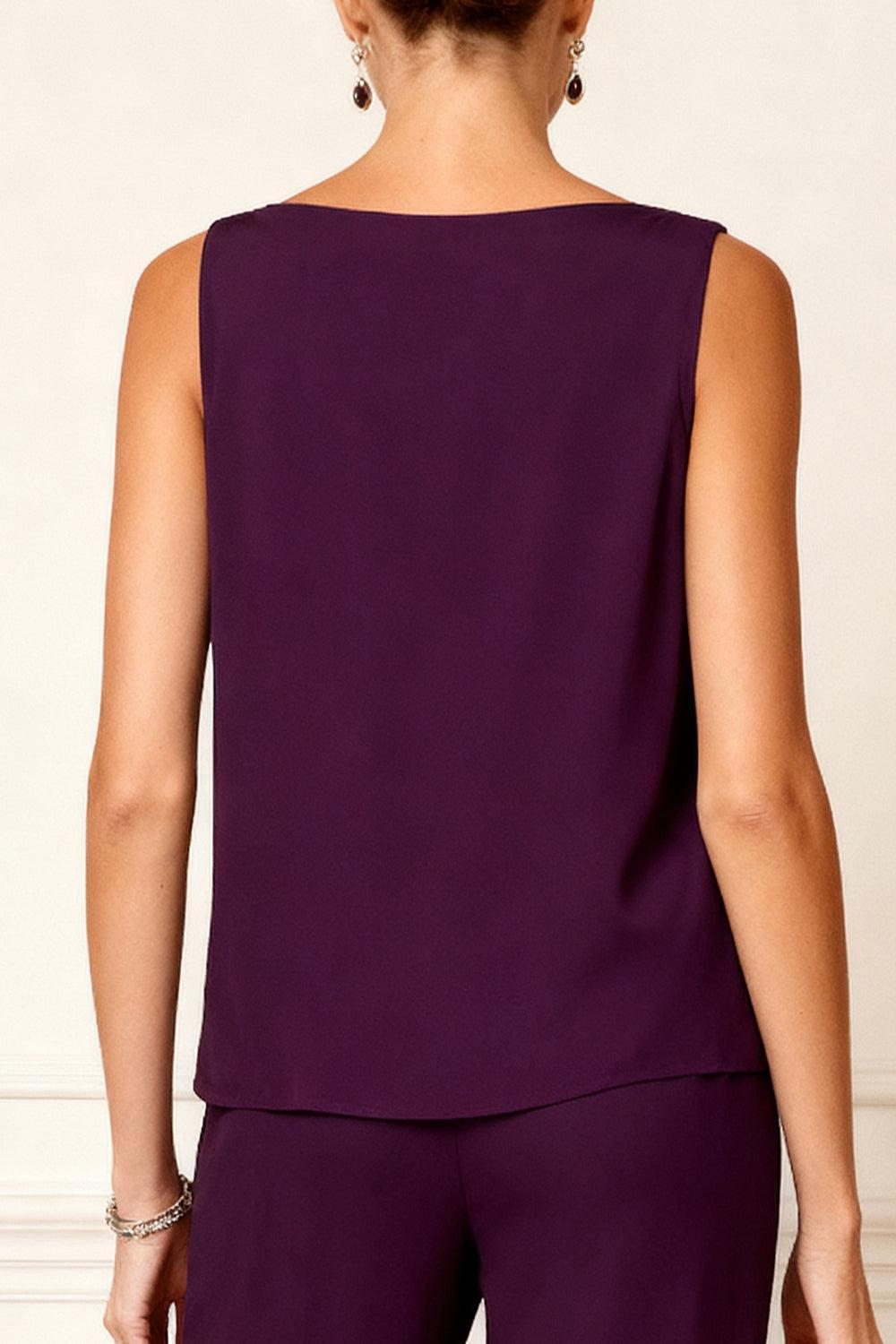 Dreamyannie Grape Chiffon V Neck 3 Piece Mother Of The Bride Pant Suits With Jacket