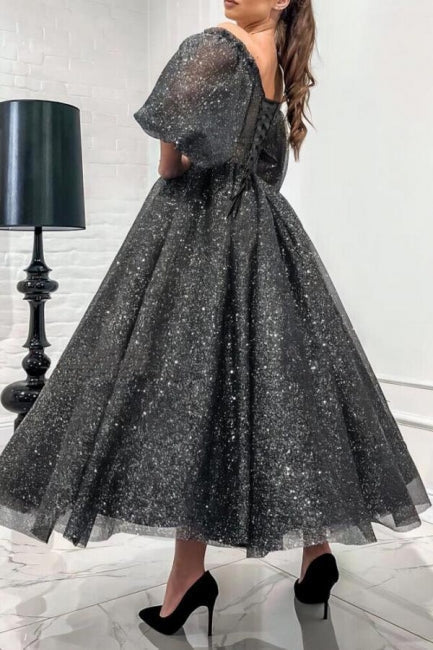 Dreamyannie Gray Wedding Guest Dress A Line Off The Shoulder Sequined Evening Dress With Short Sleeves