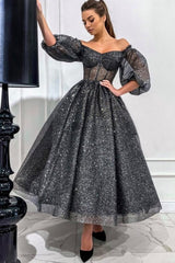 Dreamyannie Gray Wedding Guest Dress A Line Off The Shoulder Sequined Evening Dress With Short Sleeves