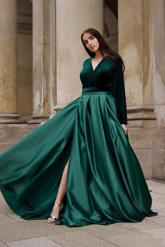 Dreamyannie Women Green Long Sleeve Formal Dress Velvet Satin A Line V Neck  Christmas Party Dress – Dreamyannie UK