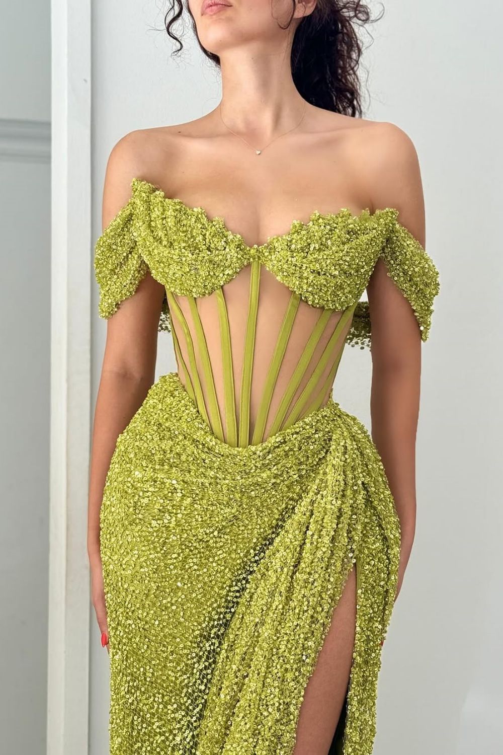 Dreamyannie Green Off Shoulder Corset Sequin Prom Dress With High Slit Formal Evening Gown