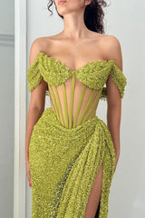 Dreamyannie Green Off Shoulder Corset Sequin Prom Dress With High Slit Formal Evening Gown
