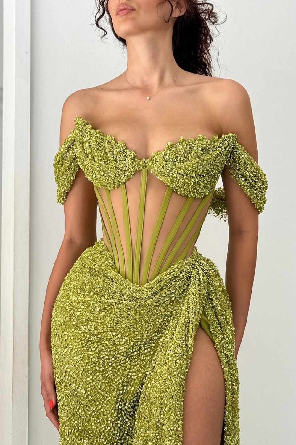 Dreamyannie Green Off Shoulder Corset Sequin Prom Dress With High Slit Formal Evening Gown