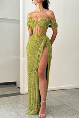 Dreamyannie Green Off Shoulder Corset Sequin Prom Dress With High Slit Formal Evening Gown