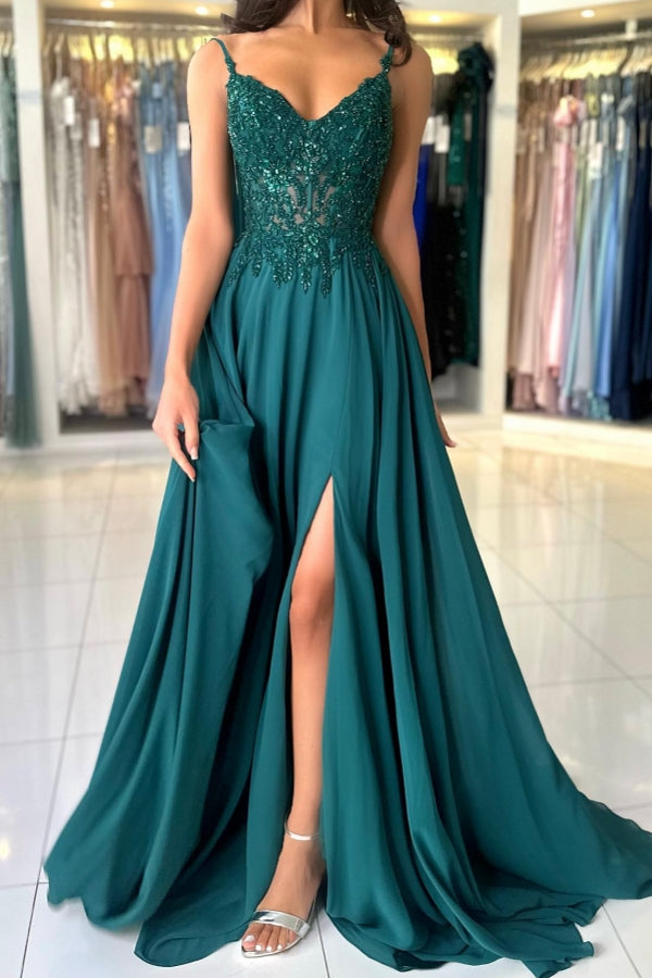 Dreamyannie Green Prom Dress A Line Spaghetti Straps Lace Evening Dress With Slit