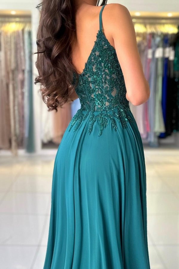 Dreamyannie Green Prom Dress A Line Spaghetti Straps Lace Evening Dress With Slit