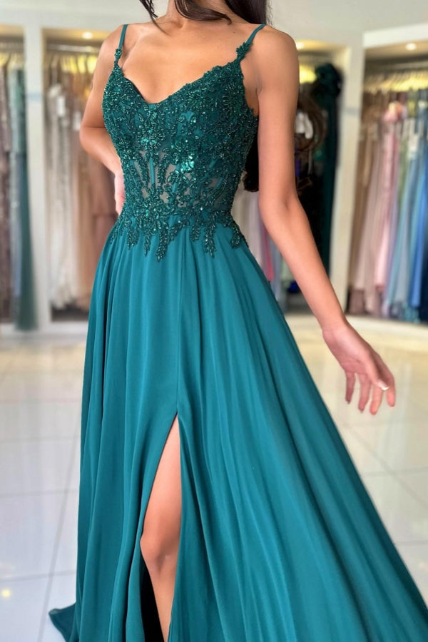 Dreamyannie Green Prom Dress A Line Spaghetti Straps Lace Evening Dress With Slit
