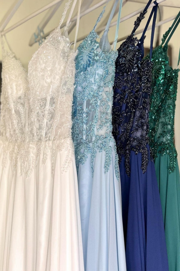 Dreamyannie Green Prom Dress A Line Spaghetti Straps Lace Evening Dress With Slit